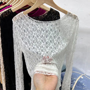 Sexy and slightly transparent black lace shirt women long sleeved 2024 Spring and Autumn New slim fit inner layer with mesh