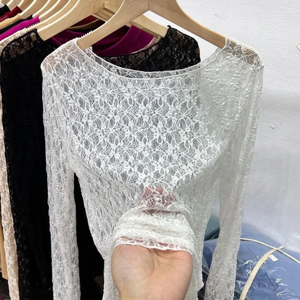 Sexy and slightly transparent black lace shirt women long sleeved 2024 Spring and Autumn New slim fit inner layer with mesh