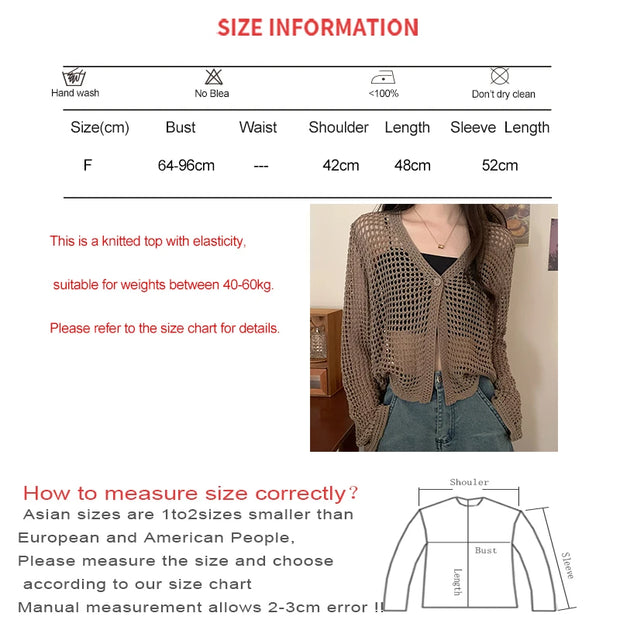 Women Solid Casual Loose Beach Tops Sexy Hollow Out Knit Shirt V-Neck Long Sleeved Cardigan T-shirt Women Spring Summer