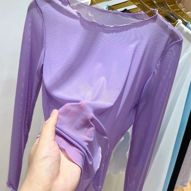 Ice Silk Mesh Bottom Blouse for Women Summer Wear Sunscreen Long-sleeved T-shirt Foreign Aura Edge Sexy Tulle Perspective