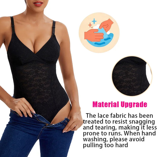 V-Neck Lace Thong Bodysuit Women Sexy Shapewear Top Tummy Control Waist Trainer Body Shaper Removable Chest Pad Slimming Corset