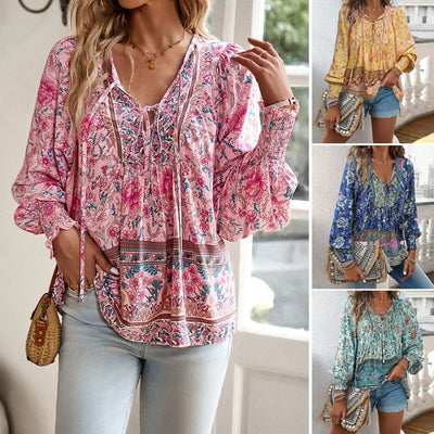 2025 Spring Summer New Bohemian Rayon Printed Tie Long Sleeve Shirt for Women Vacation Style Blouse Loose Fit Casual Wear