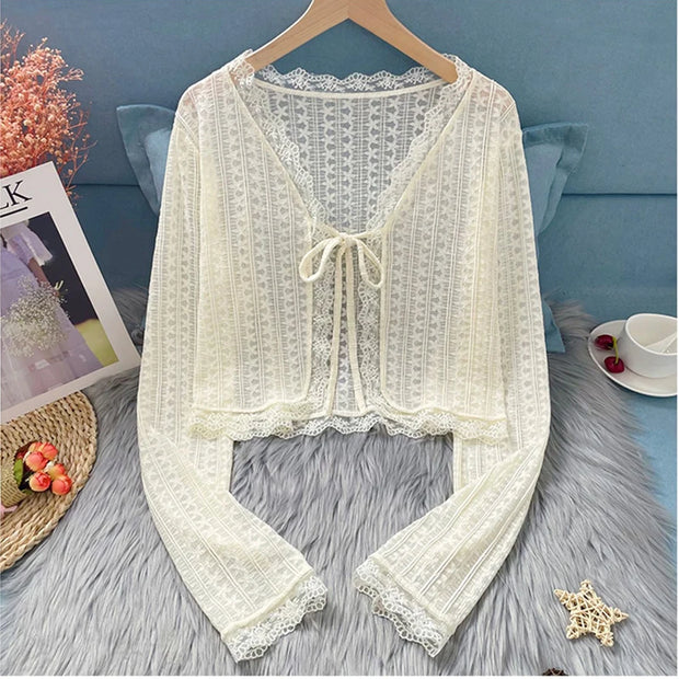 Sheer Lace Cardigan with Lace Trim Tie Front Long Sleeve Crop Top Women Openwork Floral Shrug Summer Fairycore Outfit