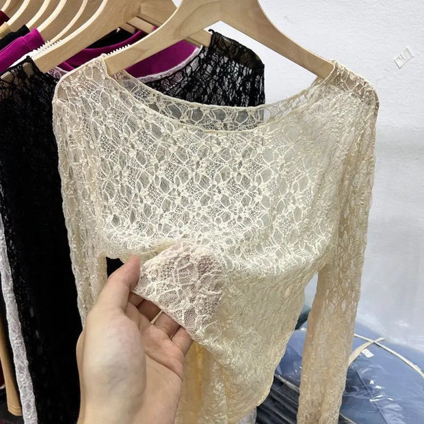 Sexy and slightly transparent black lace shirt women long sleeved 2024 Spring and Autumn New slim fit inner layer with mesh