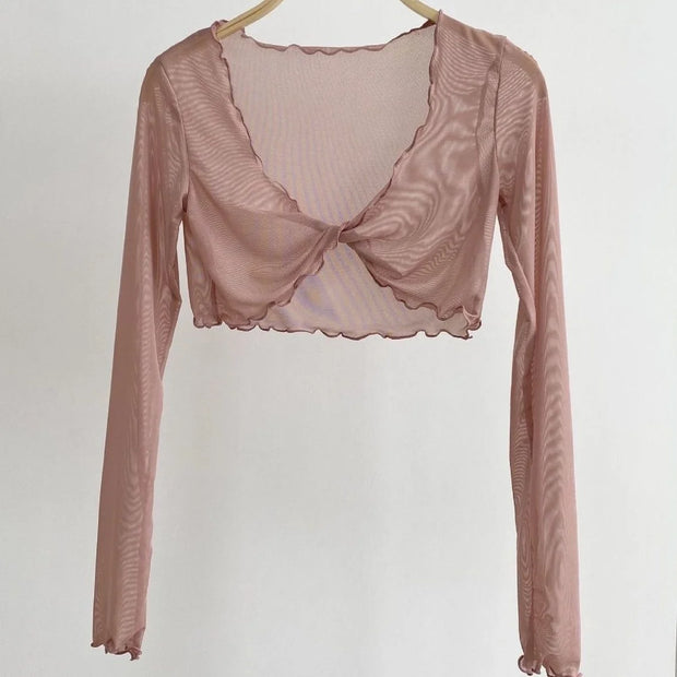 Pure Fairy Wind Wood Ear Mesh Mask Shirt Twisted Cross Perspective Sunscreen Short Air Conditioner Lazy Coat