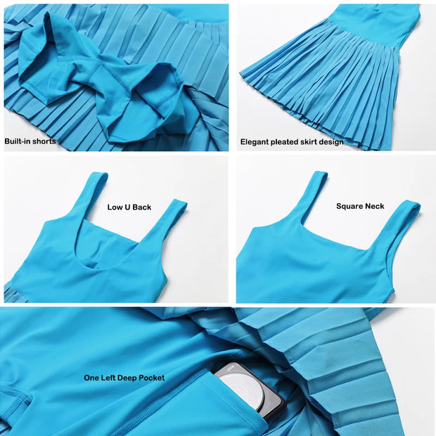 VITALINOVO Workout Tennis Dress with Built in Shorts Square Neck Padded Workout Dress with Pockets Golf Athletic Mini Dresses