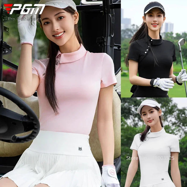 Pgm New Chinese Shirt for Women Summer Retro Stand-up Collar Golf Tops Lady Short-sleeved Chic Golf Shirt Quick-Dry Slim Tee