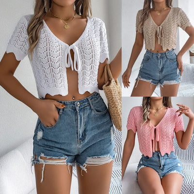 2025 Summer Tie Hollow Out Short Sleeve Knit Cardigan Crop Top Sun Protection Shirt for Women Lightweight Beachwear