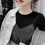 Diamond Short Sleeve T Shirt Female Slim Fit Fake Two Shiny Round Neck Top Summer Casual Aesthetic Y2k Tee Korean Kawaii Clothes
