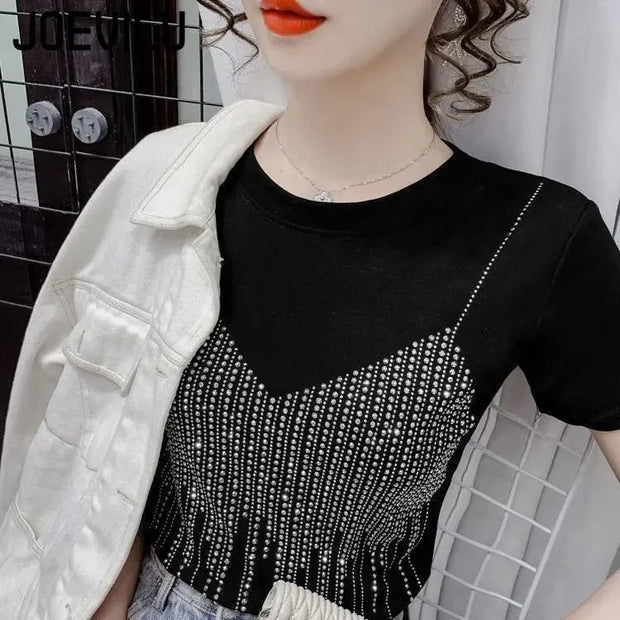 Diamond Short Sleeve T Shirt Female Slim Fit Fake Two Shiny Round Neck Top Summer Casual Aesthetic Y2k Tee Korean Kawaii Clothes