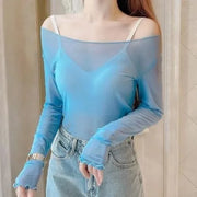 Transparent Ice Gauze Bottom Shirt Women Summer Irregular Purple Long Sleeve T-shirt Sunscreen Lace Top