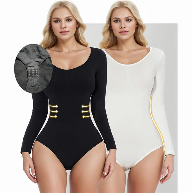 Seamless Long Sleeve Thong Bodysuit Shapewear High Compression Fajas Body Shaper Tummy Control Round Neck Jumpsuit Tops