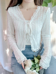 Sheer Lace Cardigan with Lace Trim Tie Front Long Sleeve Crop Top Women Openwork Floral Shrug Summer Fairycore Outfit