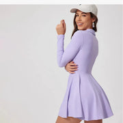 Women Tennis Dress with Shorts Long Sleeve Sports Skirt No Pad Workout Suit V Neck Badminton Fitness Clothing
