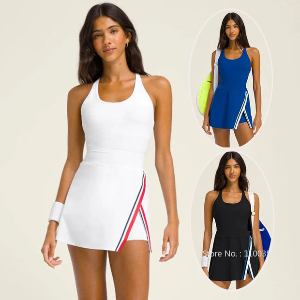 Womens Strap Tennis Dress Sleeveless Split Workout Dresses Built-in Bra Ladies Backless Round Neck Active Golf Skirts