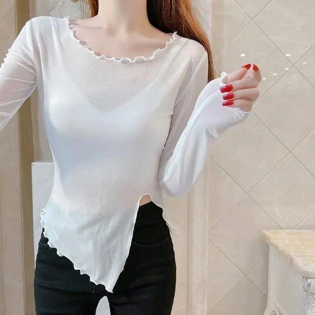 Transparent Ice Gauze Bottom Shirt Women Summer Irregular Purple Long Sleeve T-shirt Sunscreen Lace Top