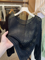 Women's Long Sleeve Hollow out Knitted Mesh Shirt Thin Eyelet Sunshade Cover up Autumn New Style Mesh Outerwear Top