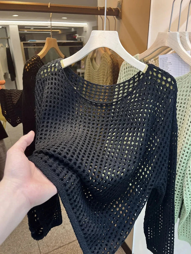Women's Long Sleeve Hollow out Knitted Mesh Shirt Thin Eyelet Sunshade Cover up Autumn New Style Mesh Outerwear Top