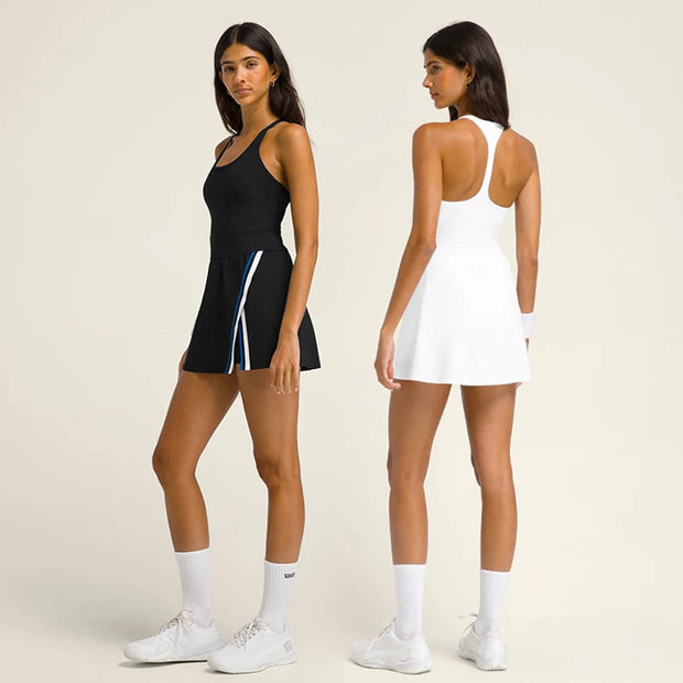 Womens Strap Tennis Dress Sleeveless Split Workout Dresses Built-in Bra Ladies Backless Round Neck Active Golf Skirts