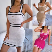 Spring Summer Casual Square Neck Button Color Block Waist-Cinching Knitted Bodycon Dress for Women Fashionable Midi Dress
