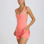 Tennis Dress Women Quick Dry Backless Golf Sport Skirts Set Sleeveless Slim Fitness Yoga Dress with Inner Shorts Sportswear
