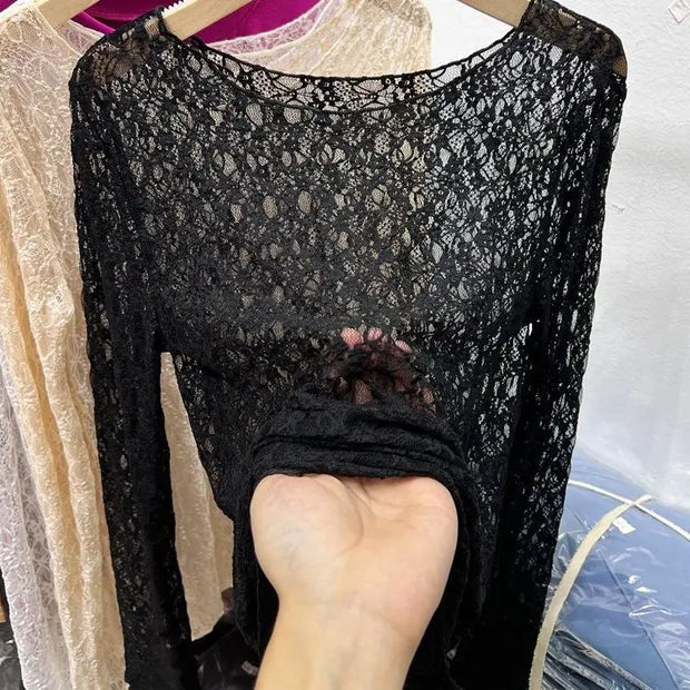 Sexy and slightly transparent black lace shirt women long sleeved 2024 Spring and Autumn New slim fit inner layer with mesh