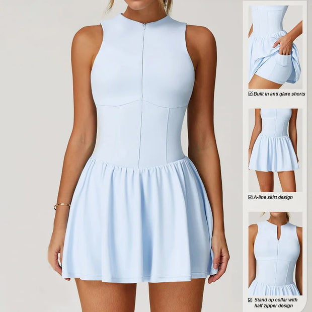 Sexy Tennis Clothes Sports Dress for Women Stand-up Buit-in Short Golf Badminton Casual Frock Fitness Suit One-Pieces Dress