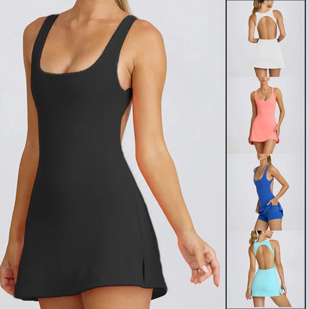 Tennis Dress Women Quick Dry Backless Golf Sport Skirts Set Sleeveless Slim Fitness Yoga Dress with Inner Shorts Sportswear