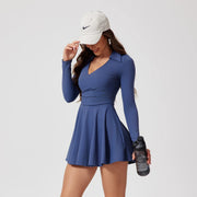 Women Tennis Dress with Shorts Long Sleeve Sports Skirt No Pad Workout Suit V Neck Badminton Fitness Clothing
