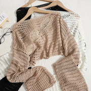 Women Sexy Hollow Out Knitting Tops O-Neck Chic Long Sleeved Knit Shirt Casual Beach Slim Shirt For Women 2025 Spring Summer