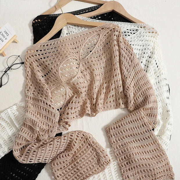 Women Sexy Hollow Out Knitting Tops O-Neck Chic Long Sleeved Knit Shirt Casual Beach Slim Shirt For Women 2025 Spring Summer