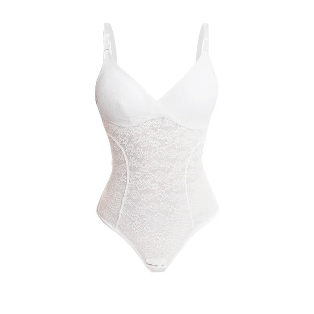 V-Neck Lace Thong Bodysuit Women Sexy Shapewear Top Tummy Control Waist Trainer Body Shaper Removable Chest Pad Slimming Corset
