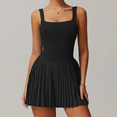 VITALINOVO Workout Tennis Dress with Built in Shorts Square Neck Padded Workout Dress with Pockets Golf Athletic Mini Dresses