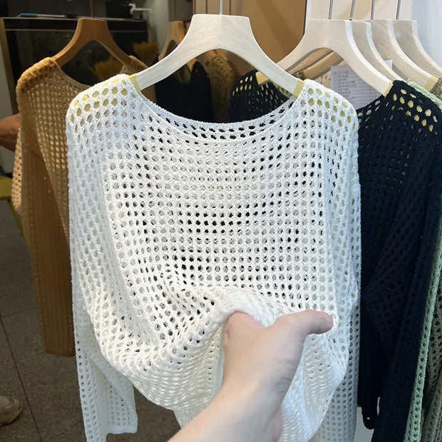 Women's Long Sleeve Hollow out Knitted Mesh Shirt Thin Eyelet Sunshade Cover up Autumn New Style Mesh Outerwear Top