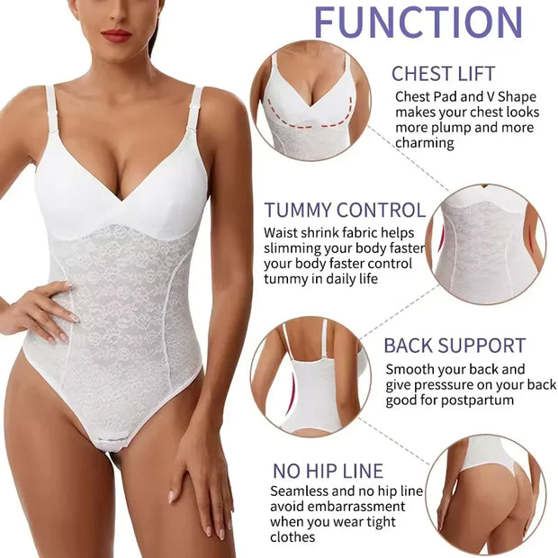 V-Neck Lace Thong Bodysuit Women Sexy Shapewear Top Tummy Control Waist Trainer Body Shaper Removable Chest Pad Slimming Corset