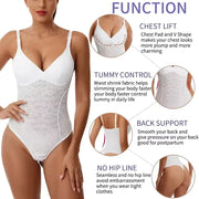 V-Neck Lace Thong Bodysuit Women Sexy Shapewear Top Tummy Control Waist Trainer Body Shaper Removable Chest Pad Slimming Corset