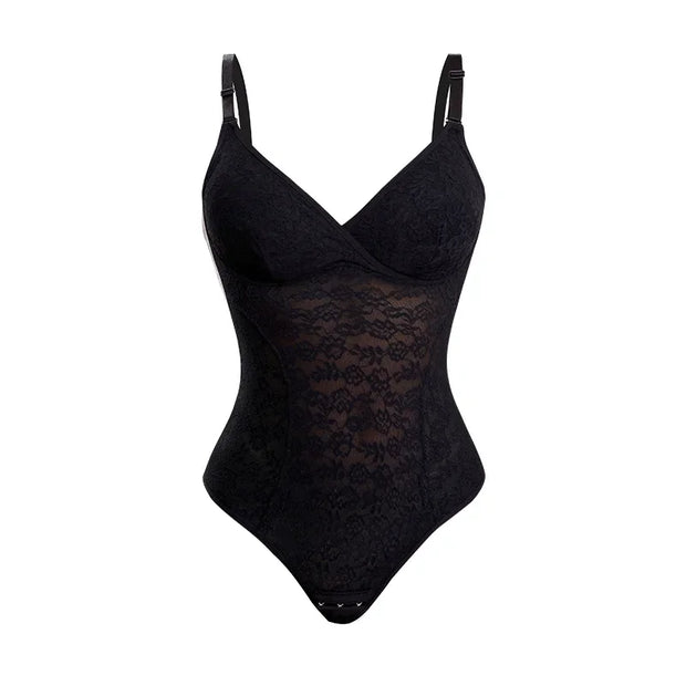 V-Neck Lace Thong Bodysuit Women Sexy Shapewear Top Tummy Control Waist Trainer Body Shaper Removable Chest Pad Slimming Corset
