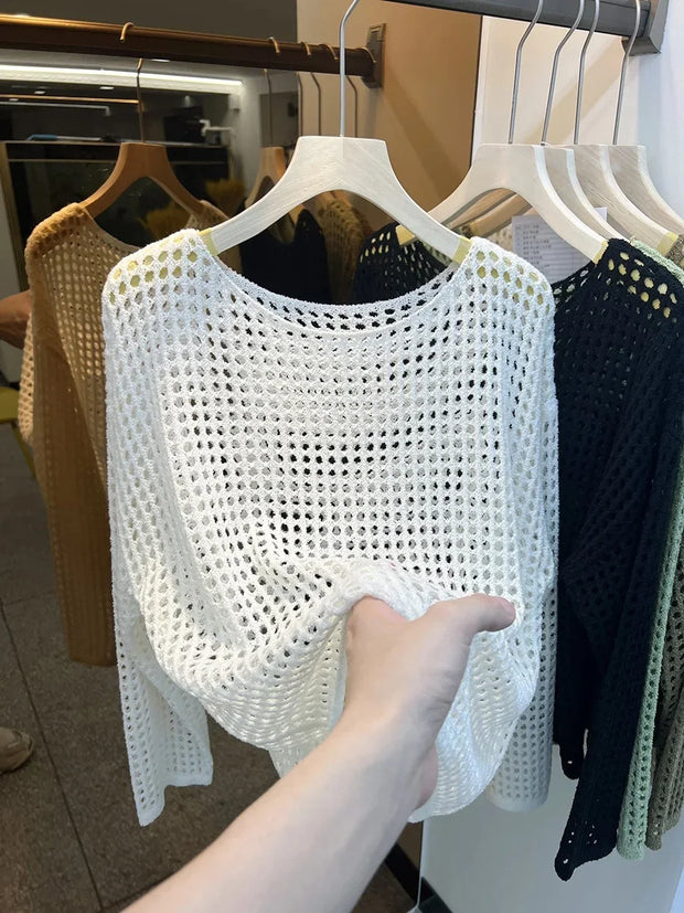 Women's Long Sleeve Hollow out Knitted Mesh Shirt Thin Eyelet Sunshade Cover up Autumn New Style Mesh Outerwear Top