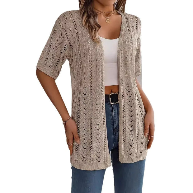 Ins Style 2025 Summer Hollow Out Short Sleeve Knit Cardigan Vacation Sunscreen Shirt for Women Lightweight Beachwear Top