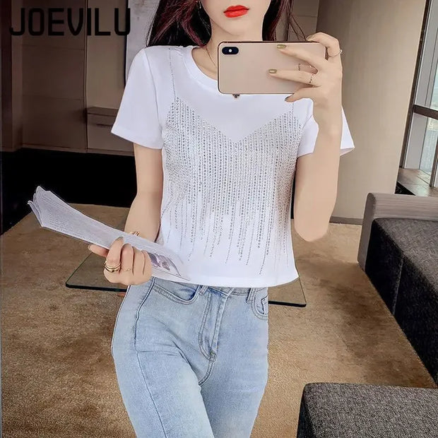 Diamond Short Sleeve T Shirt Female Slim Fit Fake Two Shiny Round Neck Top Summer Casual Aesthetic Y2k Tee Korean Kawaii Clothes