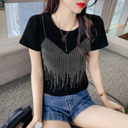 Diamond Short Sleeve T Shirt Female Slim Fit Fake Two Shiny Round Neck Top Summer Casual Aesthetic Y2k Tee Korean Kawaii Clothes