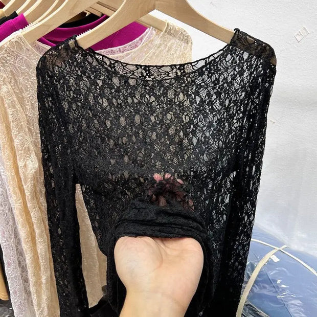 Sexy and slightly transparent black lace shirt women long sleeved 2024 Spring and Autumn New slim fit inner layer with mesh