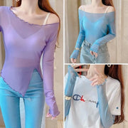 Transparent Ice Gauze Bottom Shirt Women Summer Irregular Purple Long Sleeve T-shirt Sunscreen Lace Top