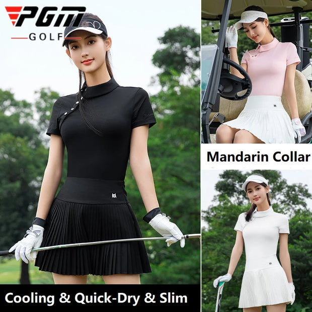Pgm New Chinese Shirt for Women Summer Retro Stand-up Collar Golf Tops Lady Short-sleeved Chic Golf Shirt Quick-Dry Slim Tee