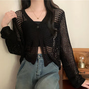 Women Solid Casual Loose Beach Tops Sexy Hollow Out Knit Shirt V-Neck Long Sleeved Cardigan T-shirt Women Spring Summer