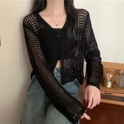 Women Solid Casual Loose Beach Tops Sexy Hollow Out Knit Shirt V-Neck Long Sleeved Cardigan T-shirt Women Spring Summer