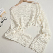 Women Sexy Hollow Out Knitting Tops O-Neck Chic Long Sleeved Knit Shirt Casual Beach Slim Shirt For Women 2025 Spring Summer