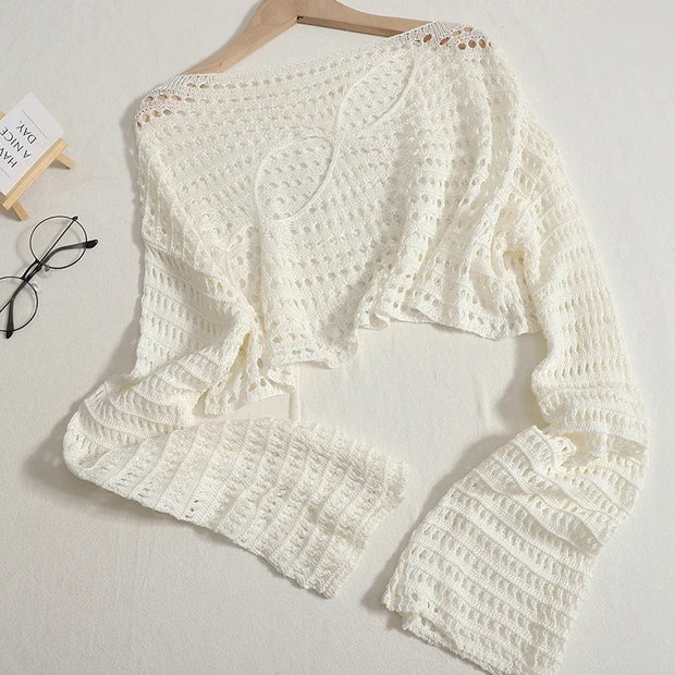 Women Sexy Hollow Out Knitting Tops O-Neck Chic Long Sleeved Knit Shirt Casual Beach Slim Shirt For Women 2025 Spring Summer