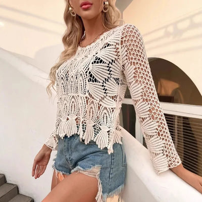 2025 Summer New Sun Protection Hollow Out Cover Up  for Women White & Apricot Chenille One Size Lightweight Beachwear Robe Style