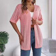 Ins Style 2025 Summer Hollow Out Short Sleeve Knit Cardigan Vacation Sunscreen Shirt for Women Lightweight Beachwear Top